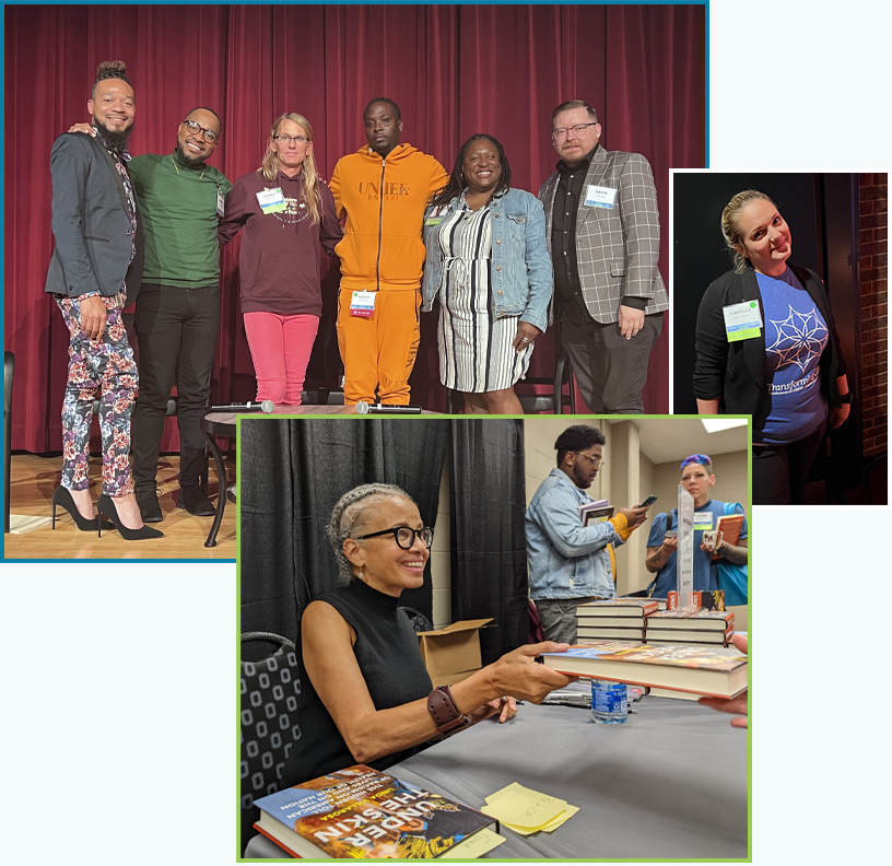 a montage of photographs depicting people standing on stage, wearing a transforming care conference t-shirt and participating in a book signing